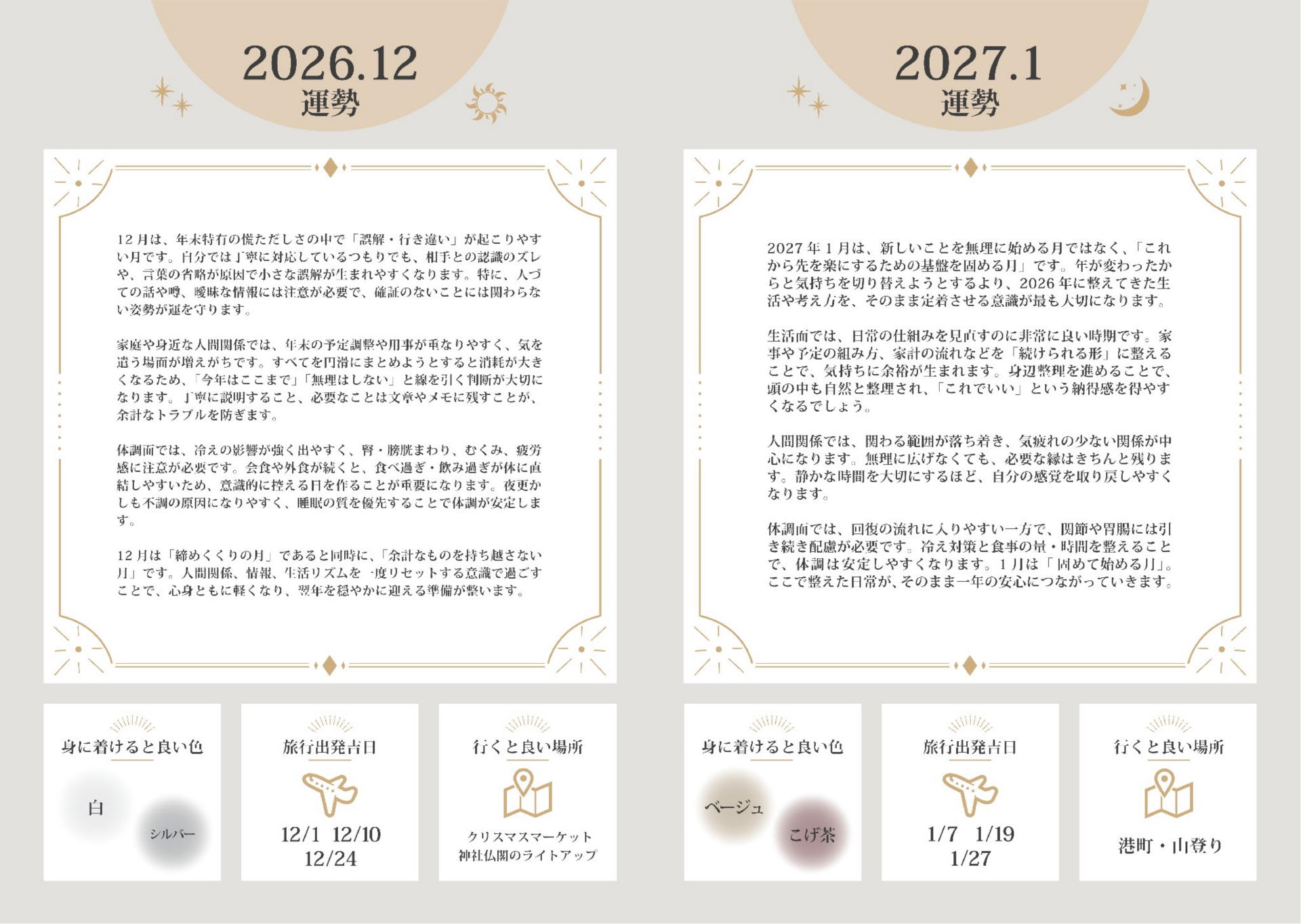 Two-column layout showing December 2026 and January 2027 fortunes with decorative borders and Japanese text blocks (fortune notes).